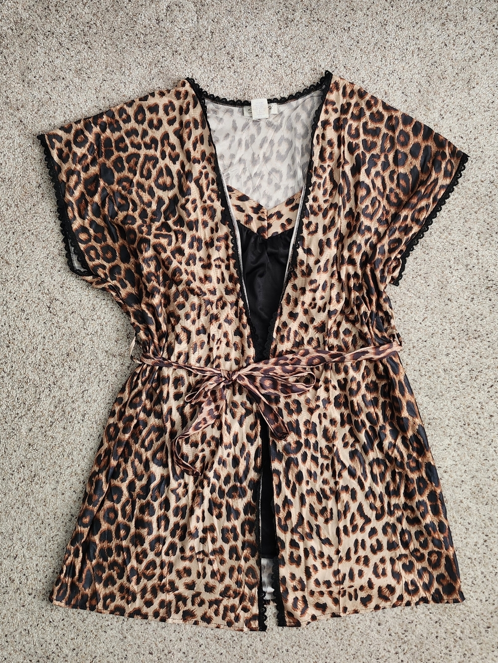 Leopard Print Satin Robe with Lace Trim